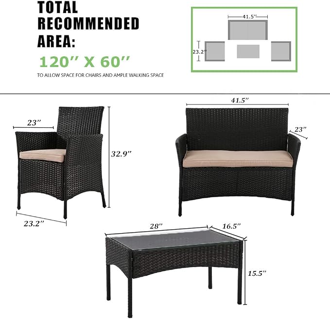 Outdoor 4 Pieces Rattan Chair Sofa Conversation Set Patio Wicker Set with Table Backyard Lawn Porch Garden Poolside Balcony Furniture (Black)