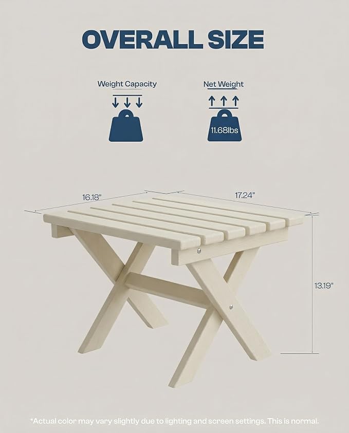 Outdoor Folding Side Table, Lightweight & Space-Saving Design, All-Weather HDPE Material, Realistic Wood-Grain Finish (White,1 Table)