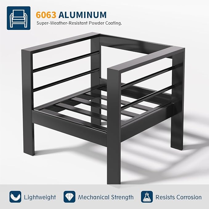 UDPATIO Aluminum Outdoor Furniture Set, 3.2'' Wide Armrest, 240g Premium Olefin Fabric All-Weather & UV-Resistant Patio Furniture Set for Deck, Backyard, Poolside, Dark Gray