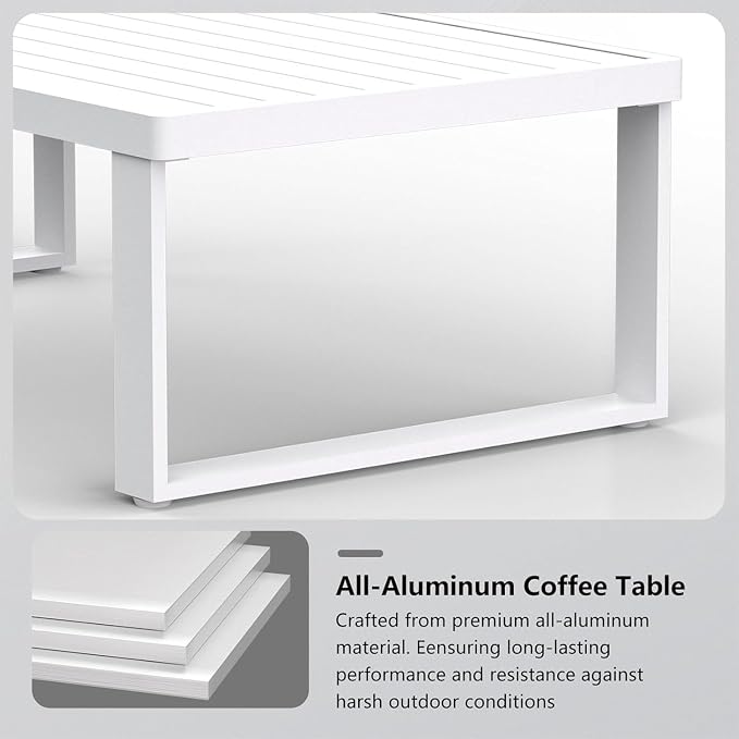 Aluminum Outdoor Patio Coffee Table for for Deck, and Poolside (White, All-Aluminum)