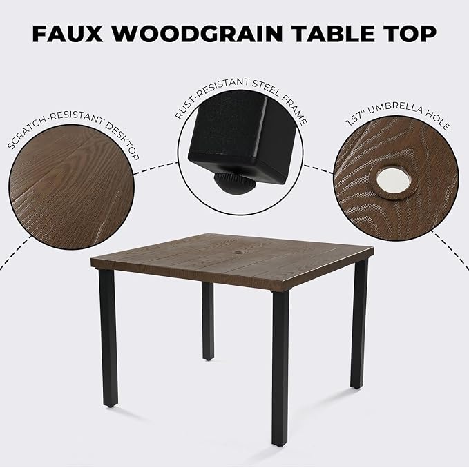 Grand patio 5-Piece Patio Dining Set for 4, E-Coated Outdoor Dining Set Swivel Patio Dining Chairs with Olefin Cushions & 1 Brown Square Faux Woodgrain Dining Table with 1.5”Market Umbrella Hole