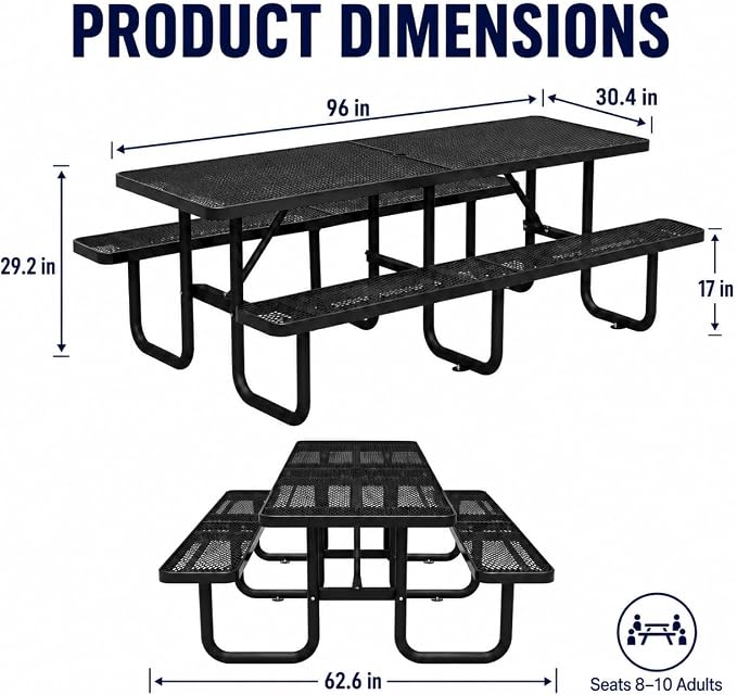 8 FT Heavy Duty Outdoor Metal Picnic Table with Umbrella Hole, Commercial Grade Steel Picnic Table with Benches, Seats 8-10 Adults, Weather Resistant for Backyard, Park, School & Campground
