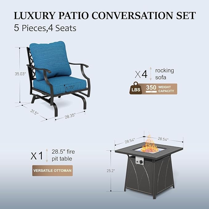 HERA'S HOUSE Patio Furniture Set with Fire Pit Table, 4 x Thick Cushioned Rocking Chairs, 1 x 28 Fire Pit Table (50,000 BTU), 5 Pieces Outdoor Conversation Set for Garden Backyard Lawn, Pacific Blue