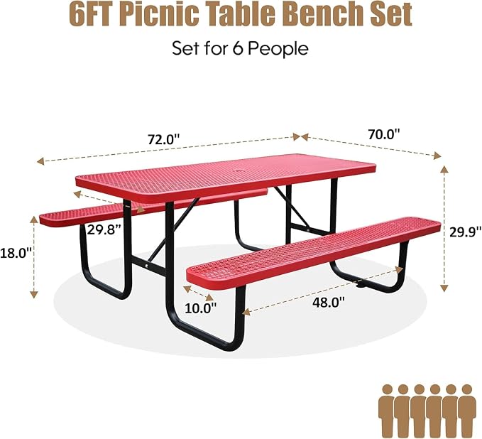 6FT Rectangular Metal Picnic Table for Outdoors, Commercial Steel Metal Picnic Tables, Heavy Duty Sturdy Picnic Tables Furniture Set for Patio Garden Courtyard BBQ, with Umbrella Hole, Red