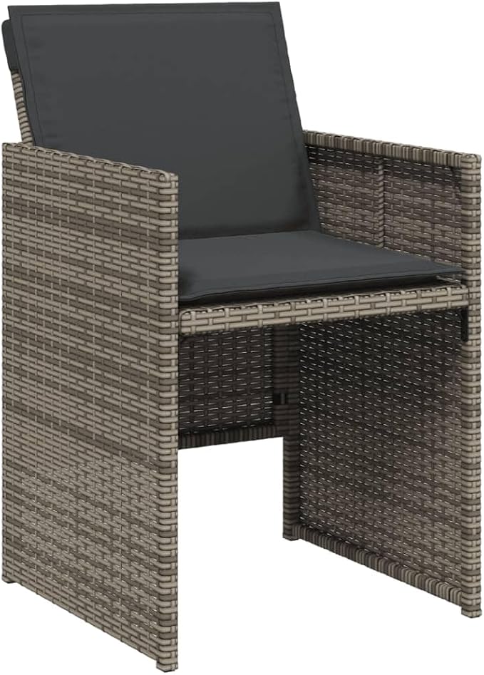 7 Piece Patio Dining Set with Cushions Gray Poly Rattan, Outdoor Table and 6 Chairs with Foldable Backrest, Tempered Glass Top, Removable Washable Cushion Covers for Garden Backyard Deck Entertaining