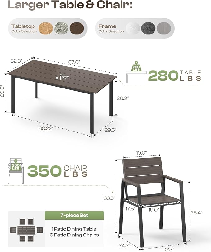 Outdoor Dining Set for 6, Patio Table and Chairs Set with Umbrella Hole, 7 Pieces HDPS + Aluminum Outdoor Furniture Sets for Patio, Garden (Charcoal)