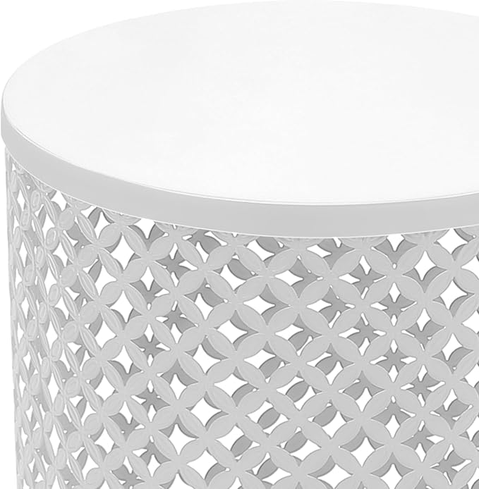 Side Table Set of 2, Iron Side Table 14.6x19.3In & 12.6x16.5In, Metal Accent Table with Openwork Flower Pattern, Cylindrical Freestanding Outdoor End Table for Patio Garden Living Room (White)