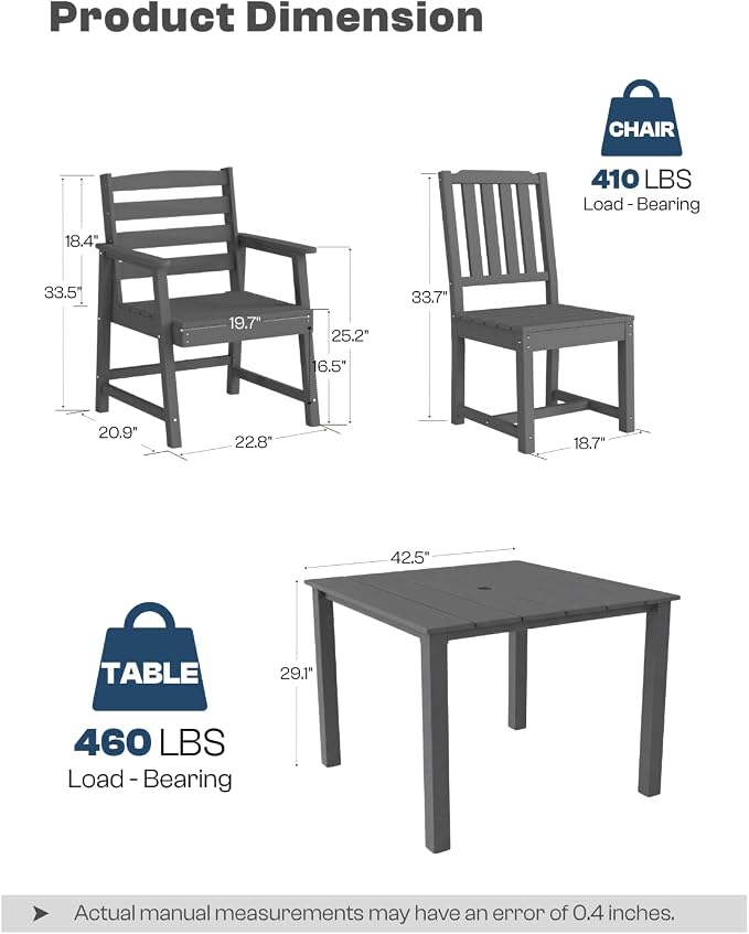 HDPE Outdoor Dining Set for 4, Armchairs, Grey | All-Weather HDPE, Wood Grain Finish, 42.5" Square Table, Built-In Umbrella Hole, Seats 4, Patio & Poolside Ready