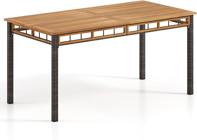 Tangkula 63-Inch Outdoor Dining Table for 6, Rectangular PE Rattan Patio Table with Acacia Wood Slatted Tabletop, 1.97" Umbrella Hole & Metal Frame, Outside Dining Furniture for Backyard, Garden, Deck