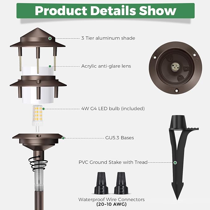 Pagoda Low Voltage Landscape Pathway Lights, 12V Outdoor LED Path Lights Wired, Aluminum Walkway Lighting with 4W 2700K Replaceable G4 Bulb, Bronze Classic 3-Tier Lantern, 6 Pack
