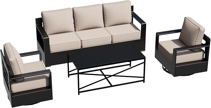 Outdoor Aluminum Furniture Set, 4-Piece Patio Conversation Set, 2 Swivel Chairs, 1 Sofa and 1 Table, All-Weather Metal Frame, 6" Thick Removable Cushions, Deep Setting for Garden, Poolside and Porch