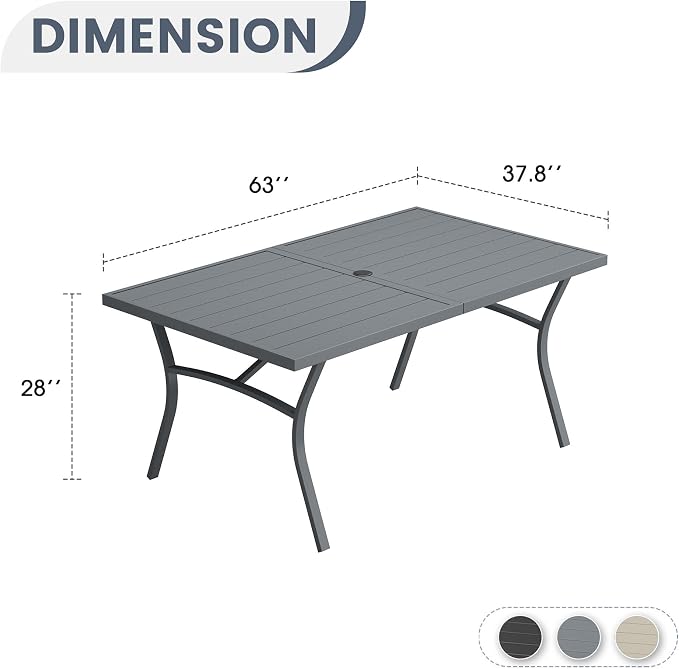 VICLLAX 63" Patio Dining Table for 6, Outdoor Rectangular Metal Table with Umbrella Hole for Porch Backyard Garden Deck, Dark Grey