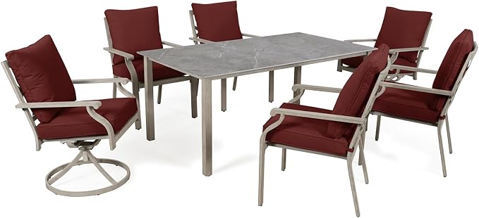 7-Piece Patio Dining Set, Grey Food-Grade Sintered Stone Dining Table with Umbrella Hole, 4 Dining Chairs and 2 Swivel Chairs with Red Removable Thickened Cushions for Garden Lawn Yard