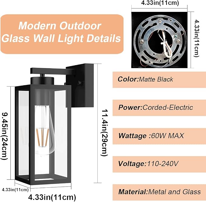 Tipace Outdoor Wall Lantern 2 Pack Black Exterior Wall Sconce with Clear Glass Shade Wall Mount Lights for Entryway,Porch,Doorway(2700K E26 Bulbs Include)