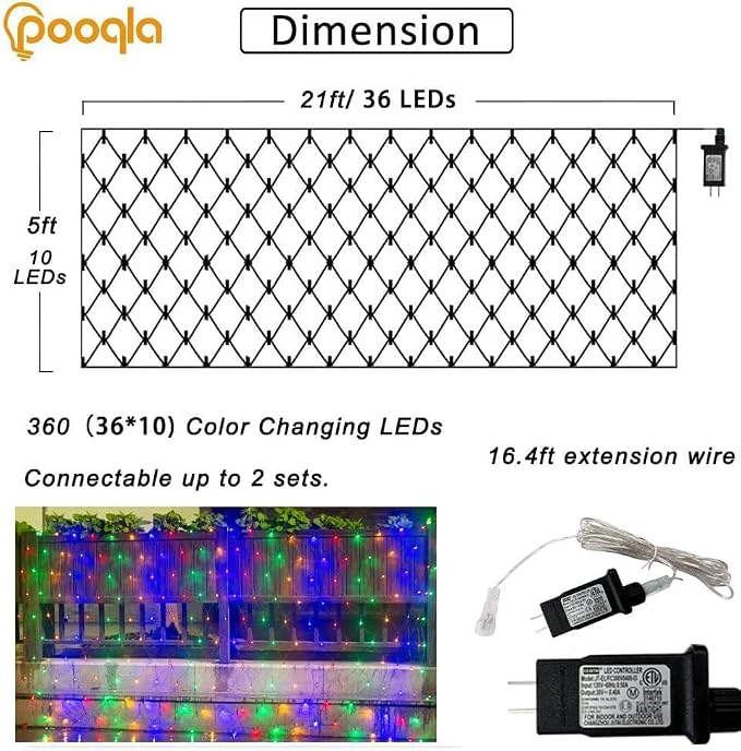 Pooqla Colorful Net Lights, 21x 5ft Christmas Lights Outdoor Clear Wire | 360 LED Large Net Mesh Lights Plug in, 8 Modes Waterproof Connectable Bushes Lights for Christmas Hedge Yard Decor