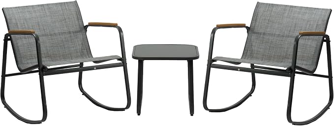 Kozyard 3-Piece Rocking Chair Set, Outdoor Rocking Textilene Bistro Set with Wooden Armrests, Outdoor Conversation Set with Glass Table for Lawn, Porch, Yard, Garden, Balcony, Poolside, Gray