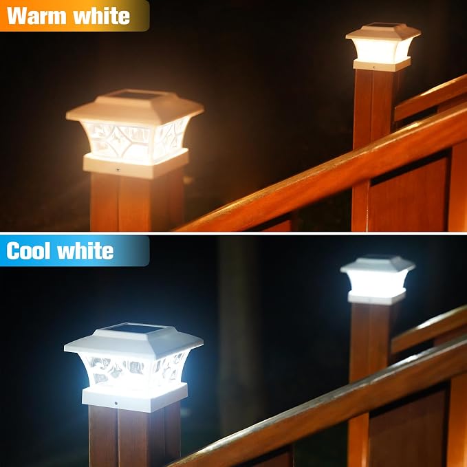 VOLISUN Solar Post Cap Lights Outdoor, Solar Powered Fence Cap Lights for 4x4 Vinyl/Wood, White Waterproof Solar Deck Post Light 8Pack Cool/Warm for Garden Patio Porch