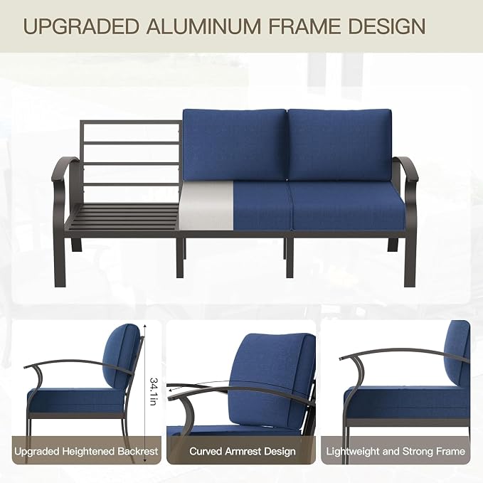 Aluminum Patio Furniture Set with Coffee Table,5 Seats Metal Modern Outdoor Furniture Set w/5.1" Thick Cushions,Patio Sectional w/Swivel Chairs for Backyard,Patio,Navy
