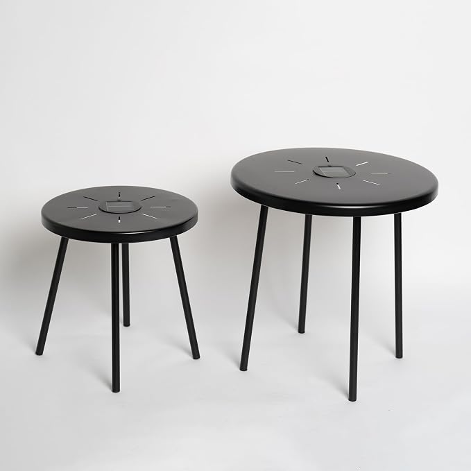 Solar Nesting Side Table Set of 2, Modern Black Metal Wire Round End Tables with Dusk to Dawn LED Light & On/Off Switch, Industrial Accent Tables for Patio, Balcony, Living Room, Garden (Solar 1)