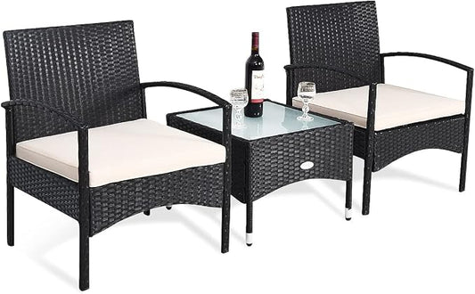COSTWAY 3 PCS Patio Wicker Conversation Set, PE Rattan Sofa with Tempered Glass Coffee Table, 2 Chairs, 2 Cushions, Outdoor Patio Furniture Set for Yard Porch Bistro Balcony Backyard Pool, White