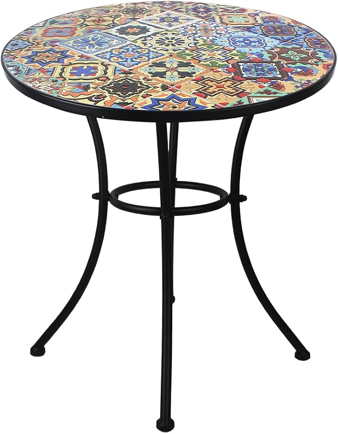 23.6" Outdoor Patio Mosaic Round Table Garden Bistro Accent Table | Ceramic Tile Waterptoof Side End Table Metal Frame Dining Table Furniture for Balcony Backyard Porch Poolside Terrace
