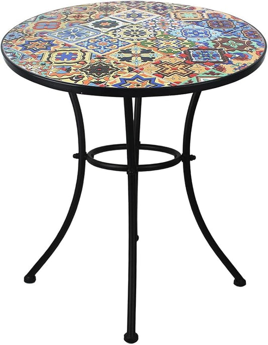 23.6" Outdoor Patio Mosaic Round Table Garden Bistro Accent Table | Ceramic Tile Waterptoof Side End Table Metal Frame Dining Table Furniture for Balcony Backyard Porch Poolside Terrace