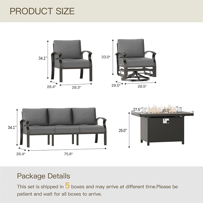 Aluminum Patio Furniture Set with 55,000 BTU Propane Fire Pit Table, 7 Seats Metal Modern Outdoor Furniture w/5.1" Cushions, Sectional w/Swivel Chairs for Backyard, Grey