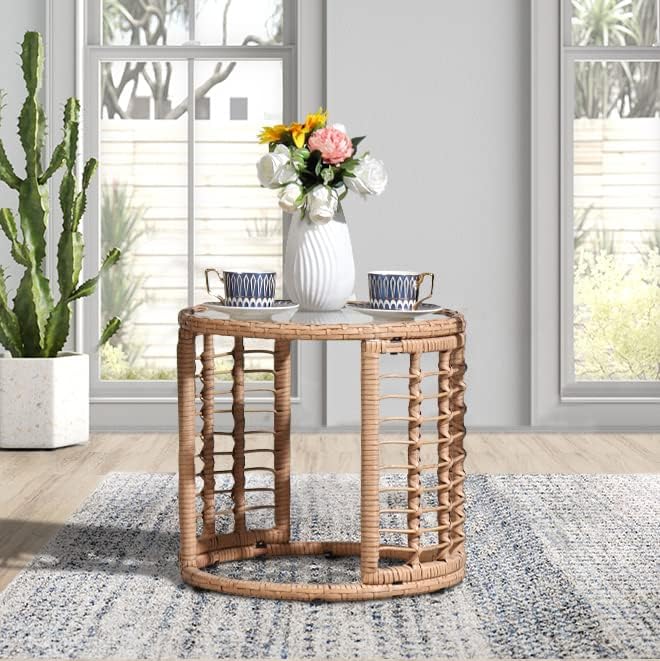 JOIVI Outdoor Wicker Side Table, All-Weather Patio Rattan End Table with Glass Top, Round Coffee Table for Indoor Outdoor Backyard Lawn Balcony Pool