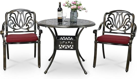VIVIJASON 3-Piece Patio Bistro Sets, All-Weather Cast Aluminum Bistro Table Set Outdoor Patio Furniture, Include 2 Cushioned Chairs and 35.4" Round Table, 2" Umbrella Hole, Red Cushion