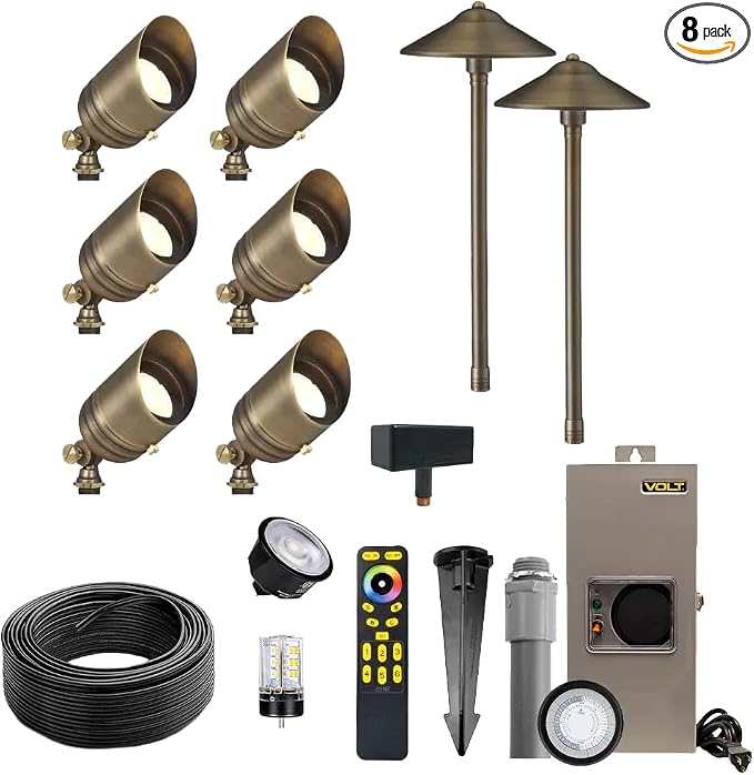 VOLT 12V RGBCW LED Landscape Lighting Kit (6 Spotlights, 2 Path Lights) | Solid Brass, Bronze Finish, Color Changing, RGBCW, 150W Low Voltage Transformer & Remote Control Included