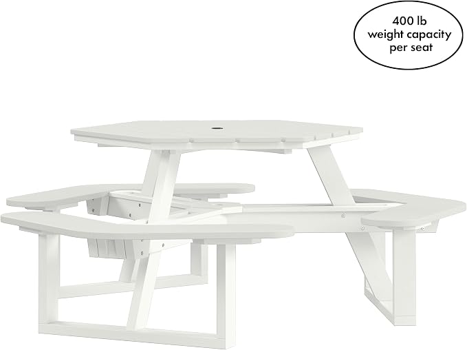 Shoreline Made in USA Hexagon Picnic Table, Seating for 6, Coconut White