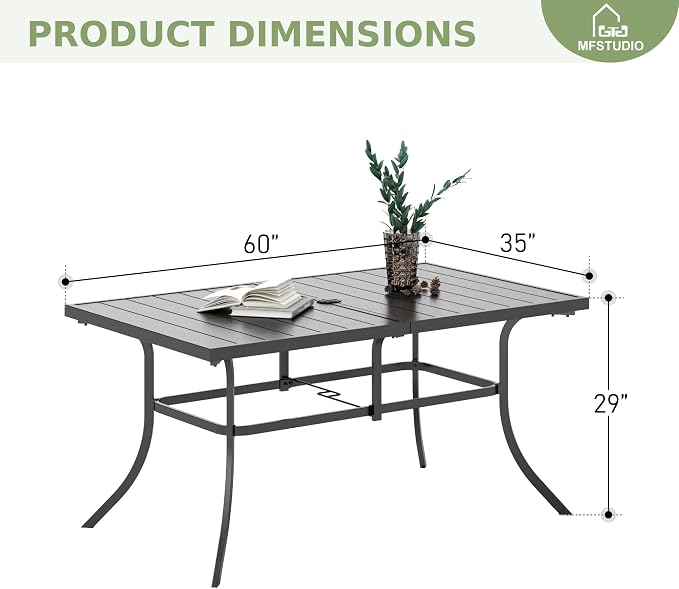 MFSTUDIO Outdoor Patio Dining Table for 6, Rectangle Weather Resistant Metal Patio Table with Adjustable Umbrella Hole, Black