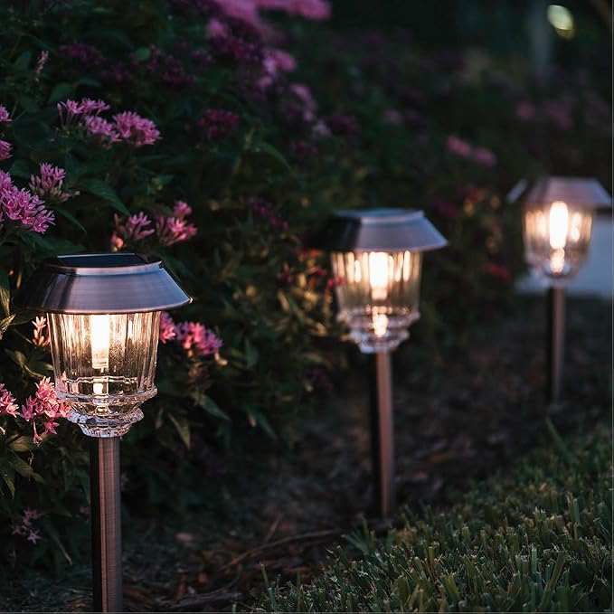 XMCOSY+ Solar Lights Outdoor Waterproof, 4 Pack Solar Lights for Outside | 10-40 LM Dimmable Warm White Metal & Glass Waterproof Outdoor Solar Lights For Yard Garden Lawn Driveway Walkway Pathways