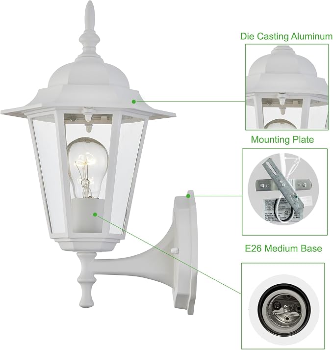 WISBEAM White Outdoor Wall Lantern, Outdoor Wall Sconce for House Porch Lighting Fixture, E26 Base 60W Max, Metal Housing Plus Glass, Wet Location Rated, ETL Qualified, Bulbs not Included