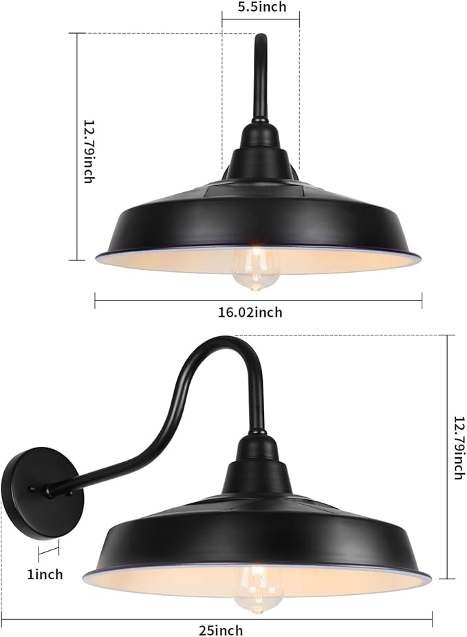 Solar Barn Lights Outdoor, 16 Inch Dome Wall Lights Solar Powered, Farmhouse Exterior Wall Sconce, Industrial Outside Light Fixtures, Rustic Lantern for Garage, Barn, Shed, RZSR020W-2