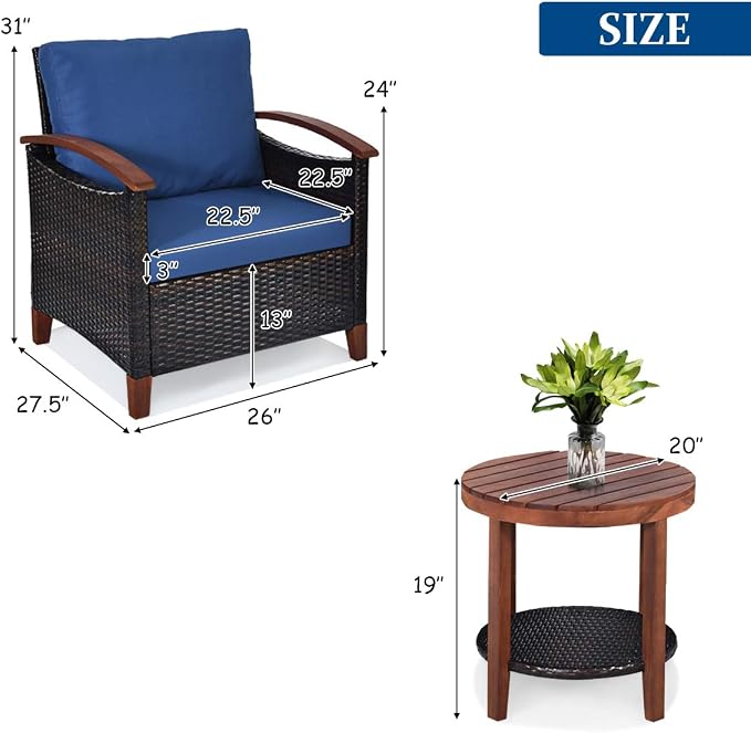 COSTWAY 3PCS Patio Rattan Furniture Set, Outdoor Solid Wood Frame Cushion Sofa with Round Table for Garden Porch Backyard Poolside (Blue)
