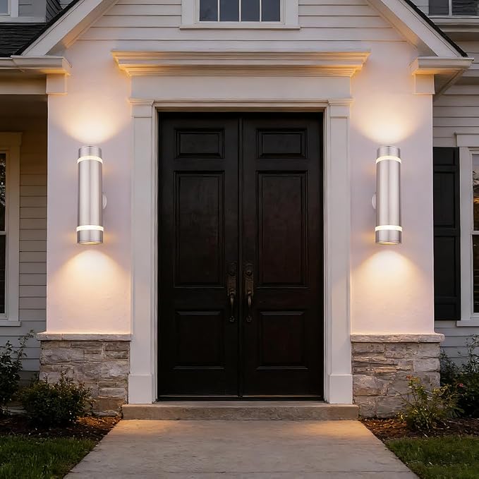 15" Stainless Steel Modern Outdoor Wall Sconce Cylinder Porch Light | E26 Base,UL listed,Brushed Nickel Up and Down Lights Outdoor Exterior Lighting Fixture for House Garage Patio Porch Garden
