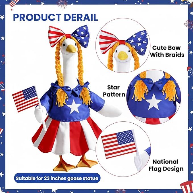 Celltestria 4th of July Goose Outfits for 23" Geese Patriotic Goose Clothes Independence Memorial Day Porch Goose Costume for USA 250th Anniversary Outdoor Patio Yard Lawn Garden Decoration