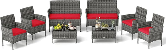 Tangkula 8 Pieces Patio Rattan Conversation Set, Outdoor Wicker Furniture Set with Cushioned Chair, Loveseat & Tempered Glass Table, Outside Sectional Sofa Set for Backyard (G-red,2)