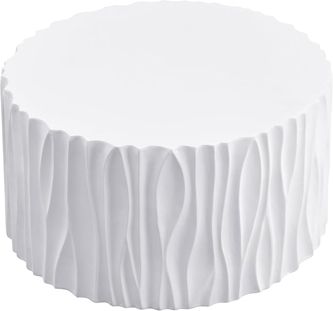 White Coffee Table with Wavy Fluted Side, Modern Round MGO Magnesium Oxide Center Table Assembly-Free for Patio Garden Balcony Outdoor 26.77" x 14.76"