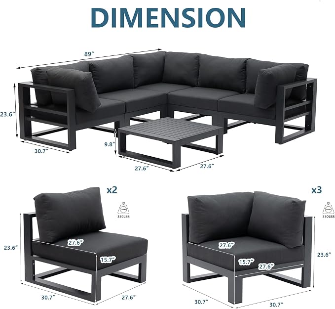 7 Pieces Patio Furniture Set Outdoor Aluminum Sectional Sofa Couch with Square Coffee Table All-Weather Conversation Set with Upgraded Dark Grey Cushions