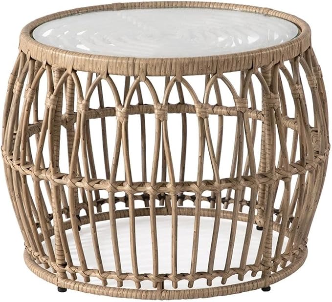 MAKLAINE Round Outdoor Coffee Table, Natural Finish, PE Wicker Rattan with Tempered Glass Top, 21.65" Diameter x 15.75" Height, Boho Coastal Style, Durable Patio or Indoor Furniture