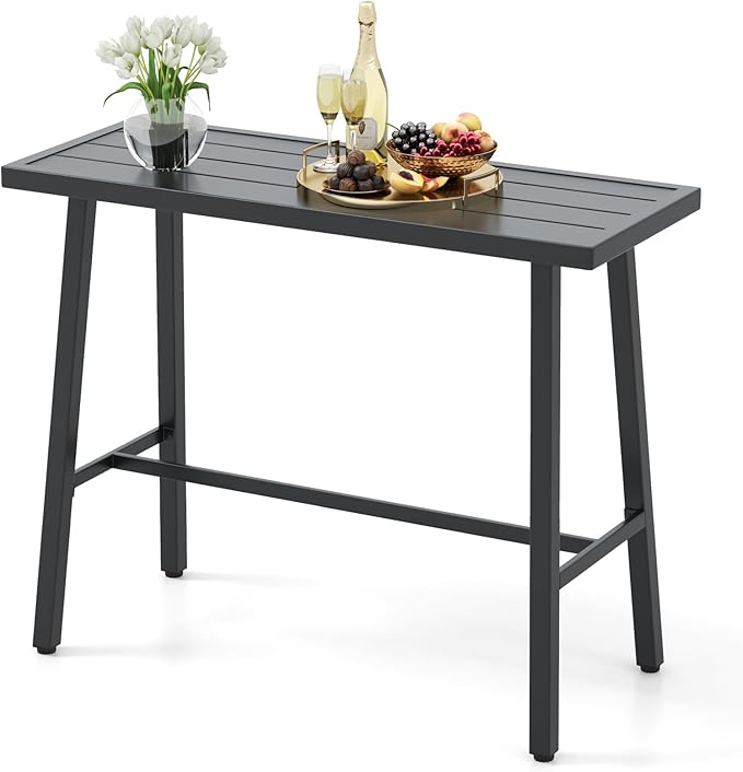 HAPPYGRILL Outdoor Bar Table Metal Frame Rectangle Dining Table Accommodates 4-6 People, Outdoor Bistro Table Patio Pub Table with Foot Pedal, Adjustable Foot Pads for Backyard, Porch, Deck