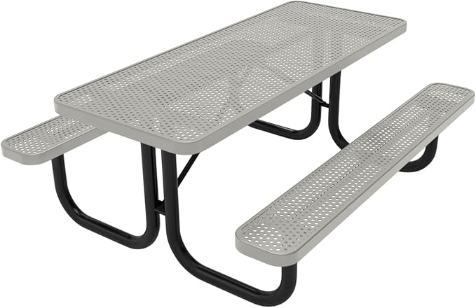 COATEDOUTDOORFURNITURE Heavy-Duty Portable Outdoor Picnic Table, Thermoplastic Coated Punched Steel Commercial-Grade Patio Dining Furniture Made in America (6ft Rectangular, Grey)