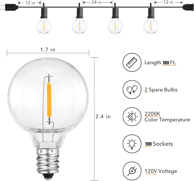 Brightown LED Outdoor String Lights Patio Lights 100FT with 104 LED Bulbs, Shatterproof Weatherproof Commercial Hanging Light for Backyard Bistro Pergola Party Decor, E12 Socket Base, 2200K, Black