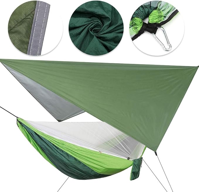 Portable Hanging Camping Hammock with Net and Rain Canopy, Outdoor Hammock for Courtyard Garden Beach Travel, 210T Nylon Hammock with Steel Buckles for 2 Persons