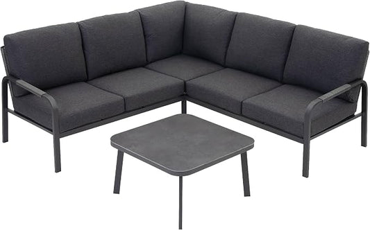 Aluminum Outdoor Patio Furniture Set, L-Shaped Sectional Sofa with Coffee Table, Modern Outdoor Conversation Set with Waterproof Cushions for Backyard, Deck, Balcony & Porch, Gray