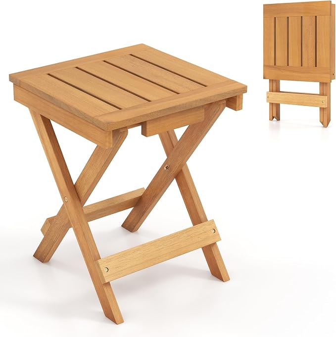 HAPPYGRILL Outdoor Folding Side Table Wood Square End Table with X-Shaped Legs, Slatted Tabletop, 14” Compact Outside Table, Portable & Lightweight Patio Coffee Table for Backyard Picnic Camping
