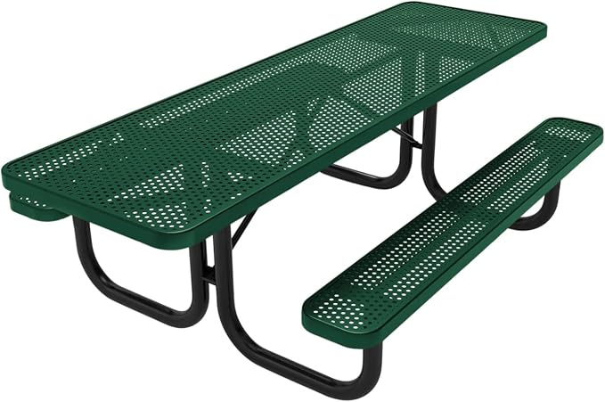 COATEDOUTDOORFURNITURE Heavy-Duty Portable ADA-Compliant Outdoor Picnic Table, Punched Steel Patio Dining Furniture Made in America (8ft Rectangular, Both-Side Handicap, Textured Green)