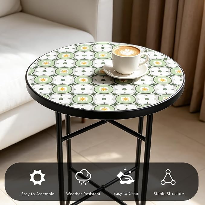14 Inch Mosaic Patio Side Table with X-Straight Legs, Indoor Outdoor Accent Round End Table with Ceramic Tile Tops for Yard, Garden, Living Room, Bistro, A - Granny Square